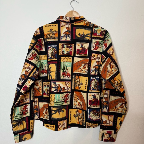 Vintage Made in USA 100% Cotton Cowboy Western Button Down post card print XL - Picture 3 of 7